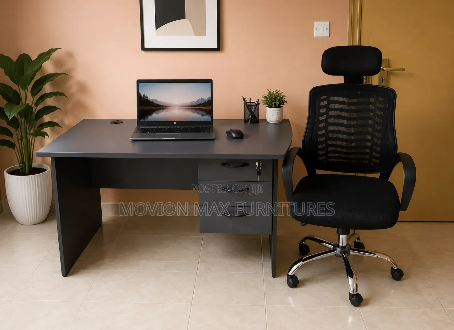 Grey Office Desk +Headrest Office Chair