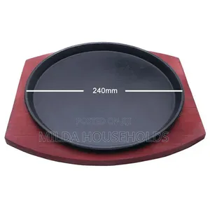 Cast Iron Hot Sizzling Plate on Wooden Tray ROUND Shape