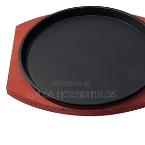 Cast Iron Hot Sizzling Plate on Wooden Tray ROUND Shape