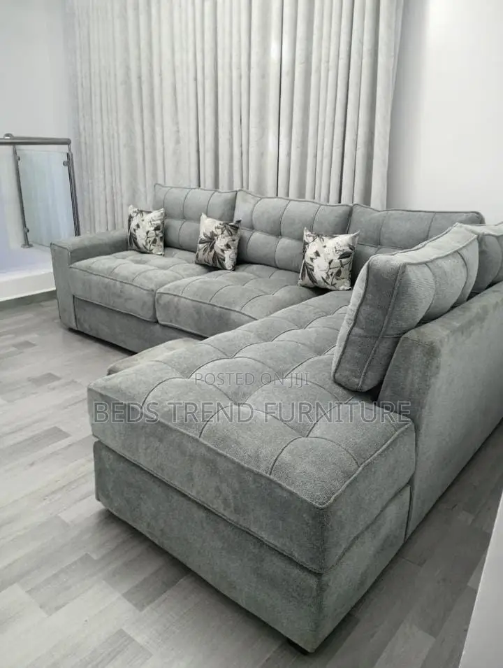 6-Seater L Seat – Light Grey Tufted Sofa