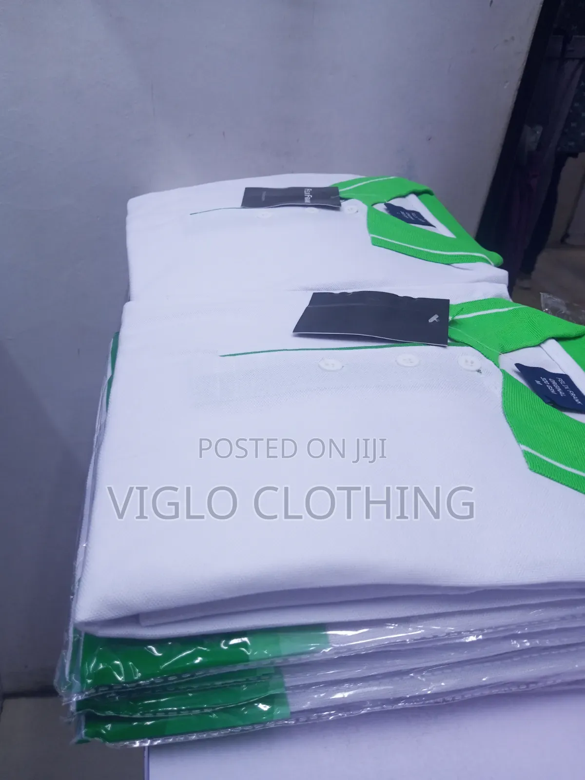 White Body Green Collar Poloshirts in Wholesale and Single Orders