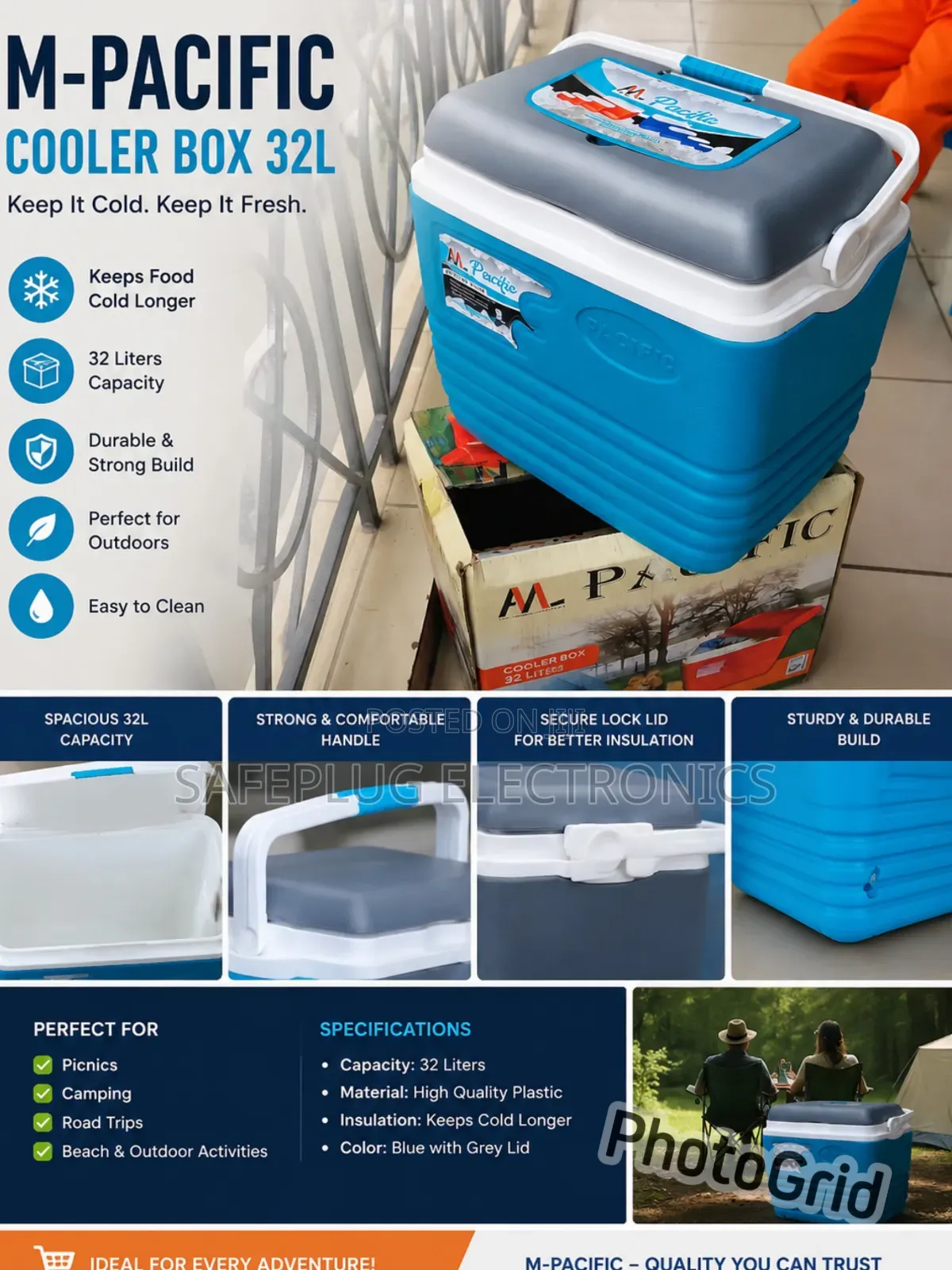 M-Pacific 32L Cooler Box – Heavy Duty Ice Chest for Camping, Travel