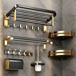 7pcs Black and Gold Multifunctional Aluminum Bath Towel Storage Rack