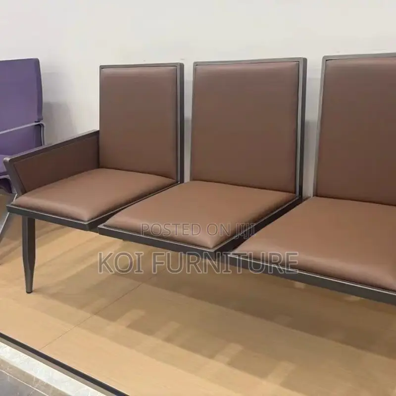 Office Sofa; Leather Cushioned Three Seaters Brown Office Bench