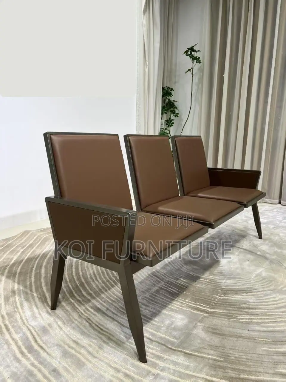 Office Sofa; Leather Cushioned Three Seaters Brown Office Bench