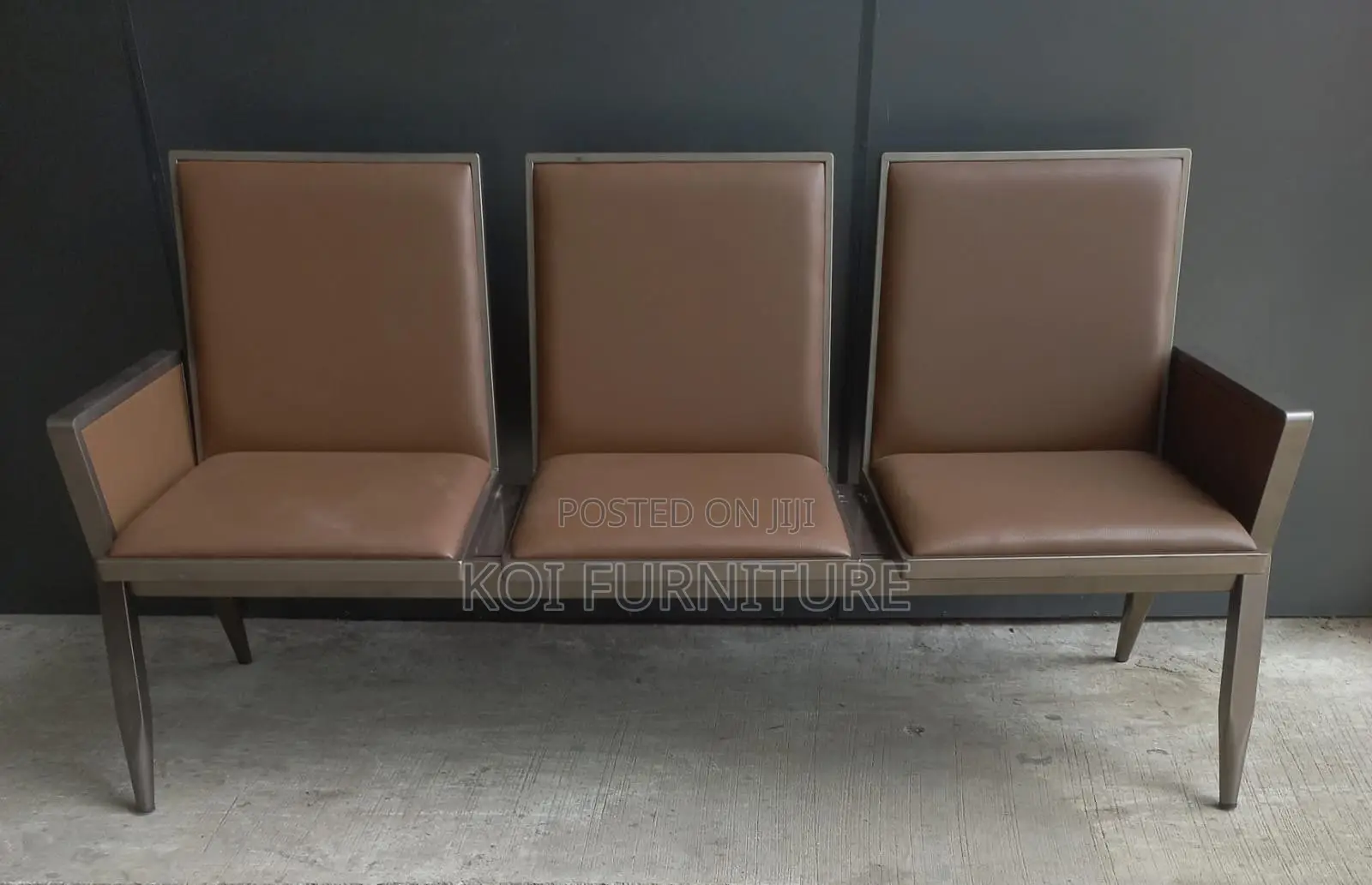 Office Sofa; Leather Cushioned Three Seaters Brown Office Bench