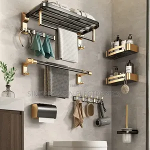 7pcs Black and Gold Multifunctional Aluminum Bath Towel Storage Rack