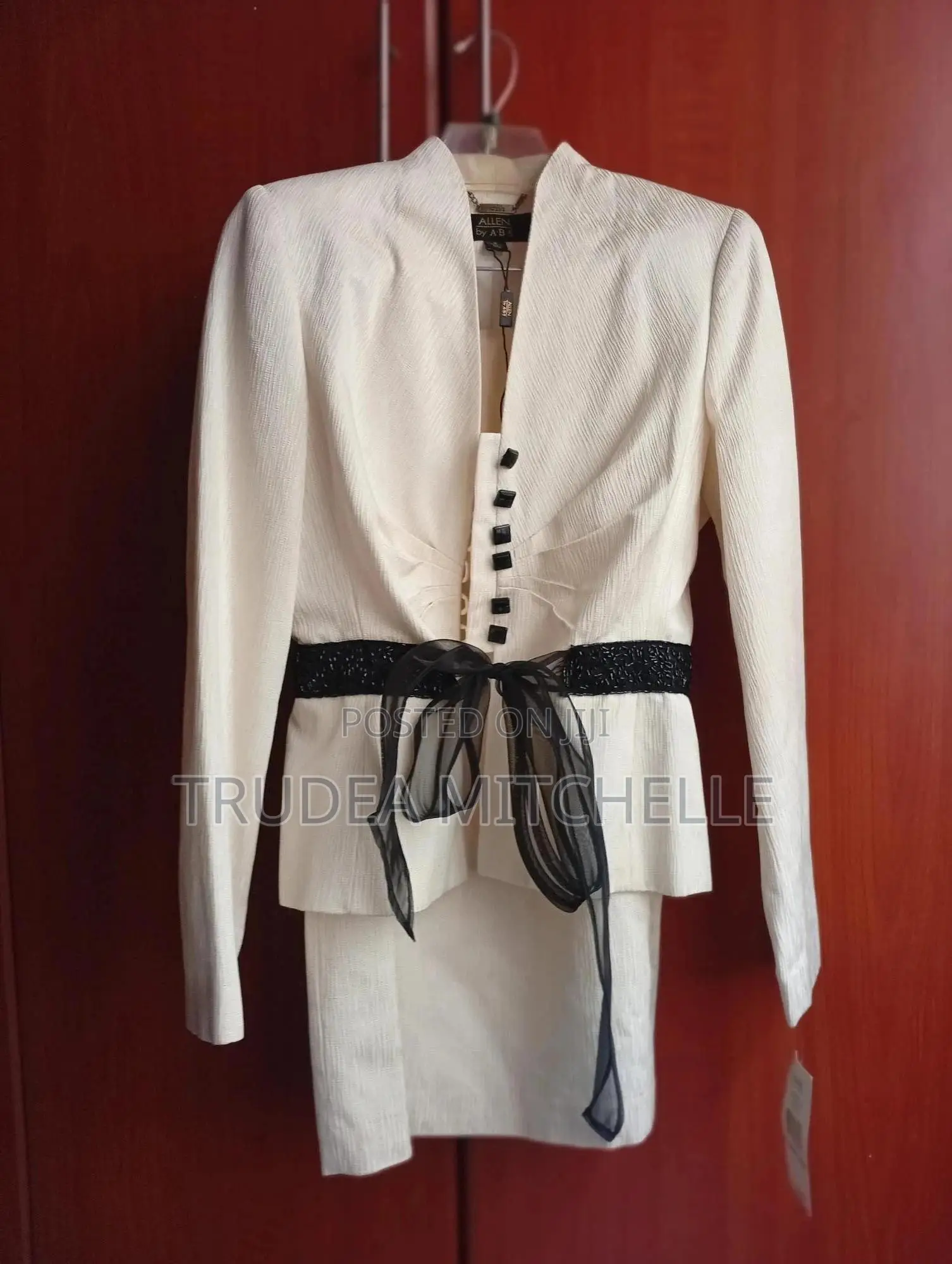 Elegant Ivory Black Women's Suit With Tie Belt–Allen by A.B.S