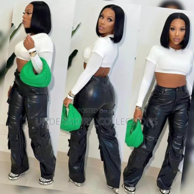 Black Leather Cargo Pants - main view