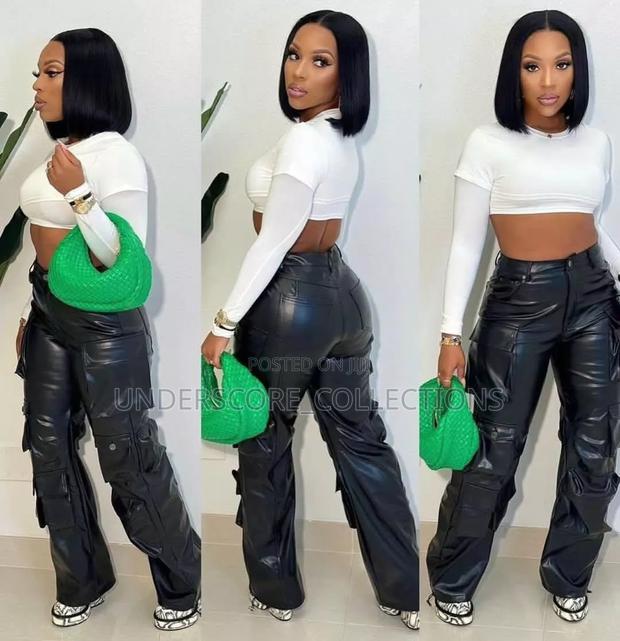 Black Leather Cargo Pants - thumbnail 2