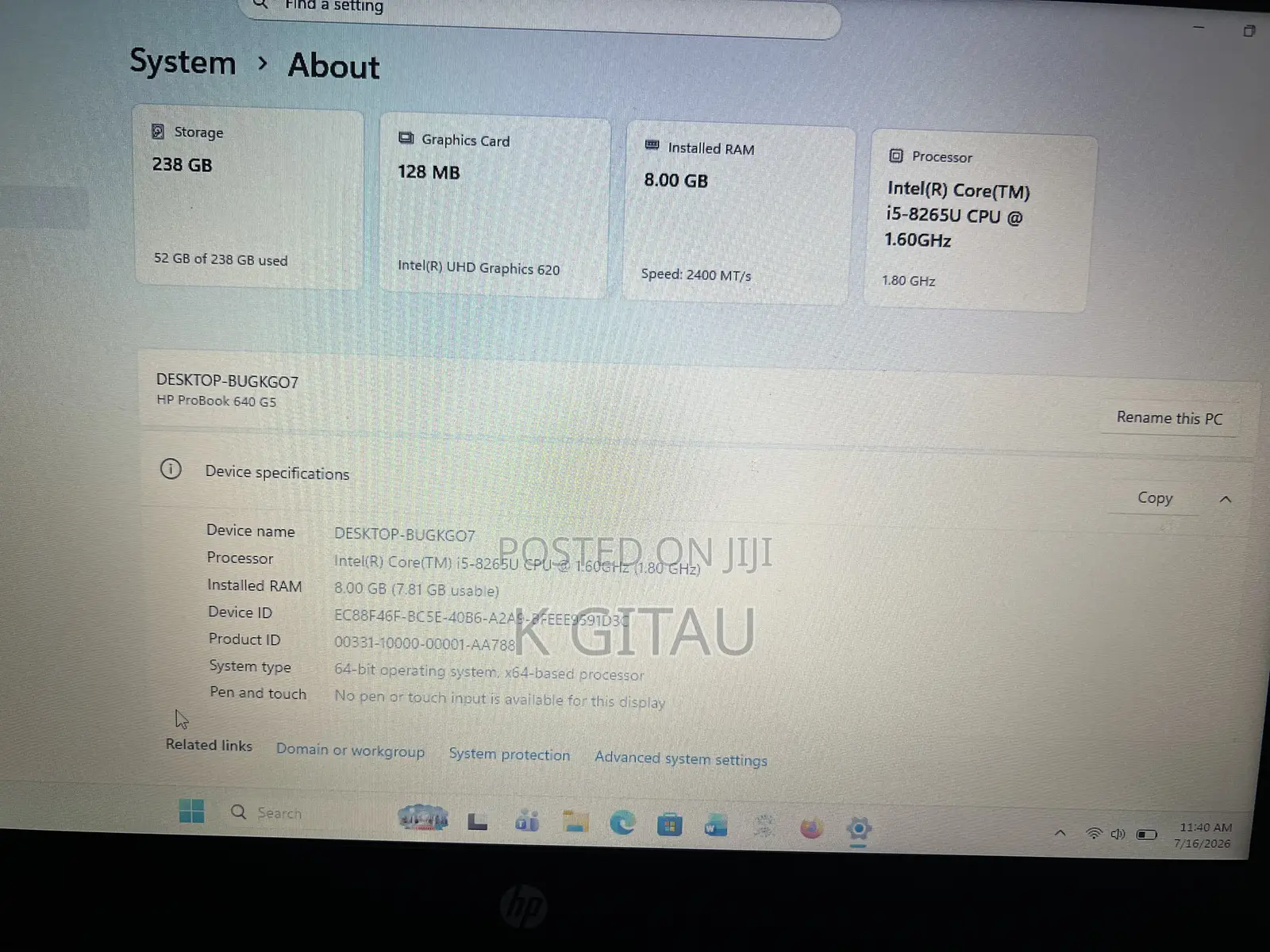 Laptop HP ProBook 640 G5 8GB Intel Core i5 SSHD (Hybrid) 256GB
