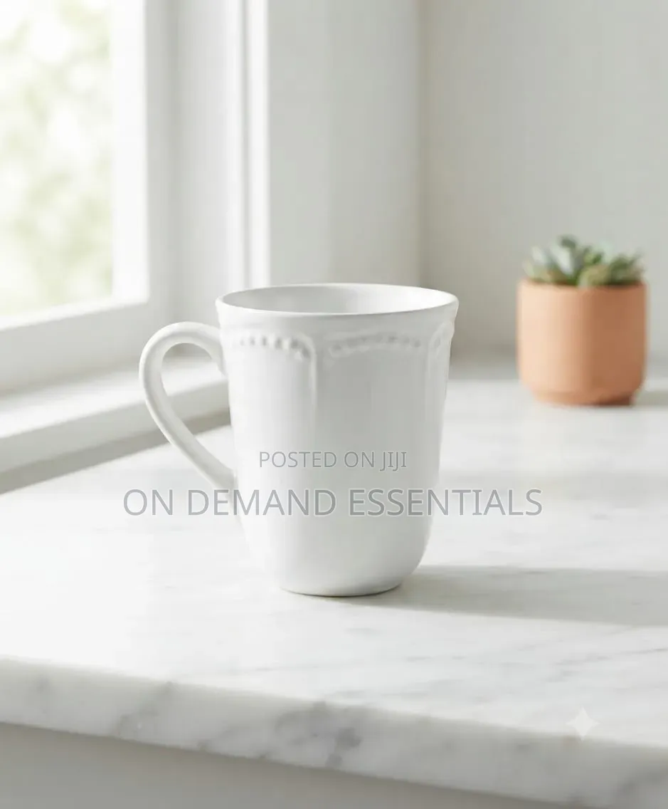 Classic Beaded-Rim White Ceramic Mug Set (6pcs)