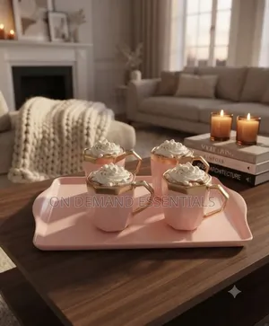 Luxury Blush Pink Ceramic Mug Set With Serving Tray (5-Piece)