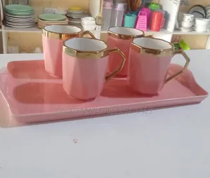 Luxury Blush Pink Ceramic Mug Set With Serving Tray (5-Piece)