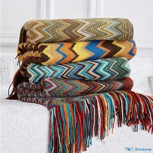 Bohemian Knitted Throw Blanket With Tassel