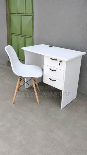 Modern White Office Desk With White Plastic Eames Chair Combined Set