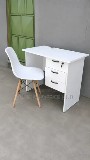 Modern White Office Desk With White Plastic Eames Chair Combined Set