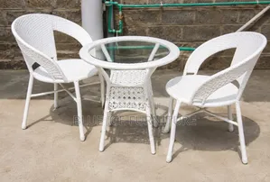 White Rattan Bistro Set-2 Chair and Round Glass Table