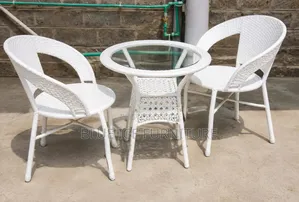 White Rattan Bistro Set-2 Chair and Round Glass Table