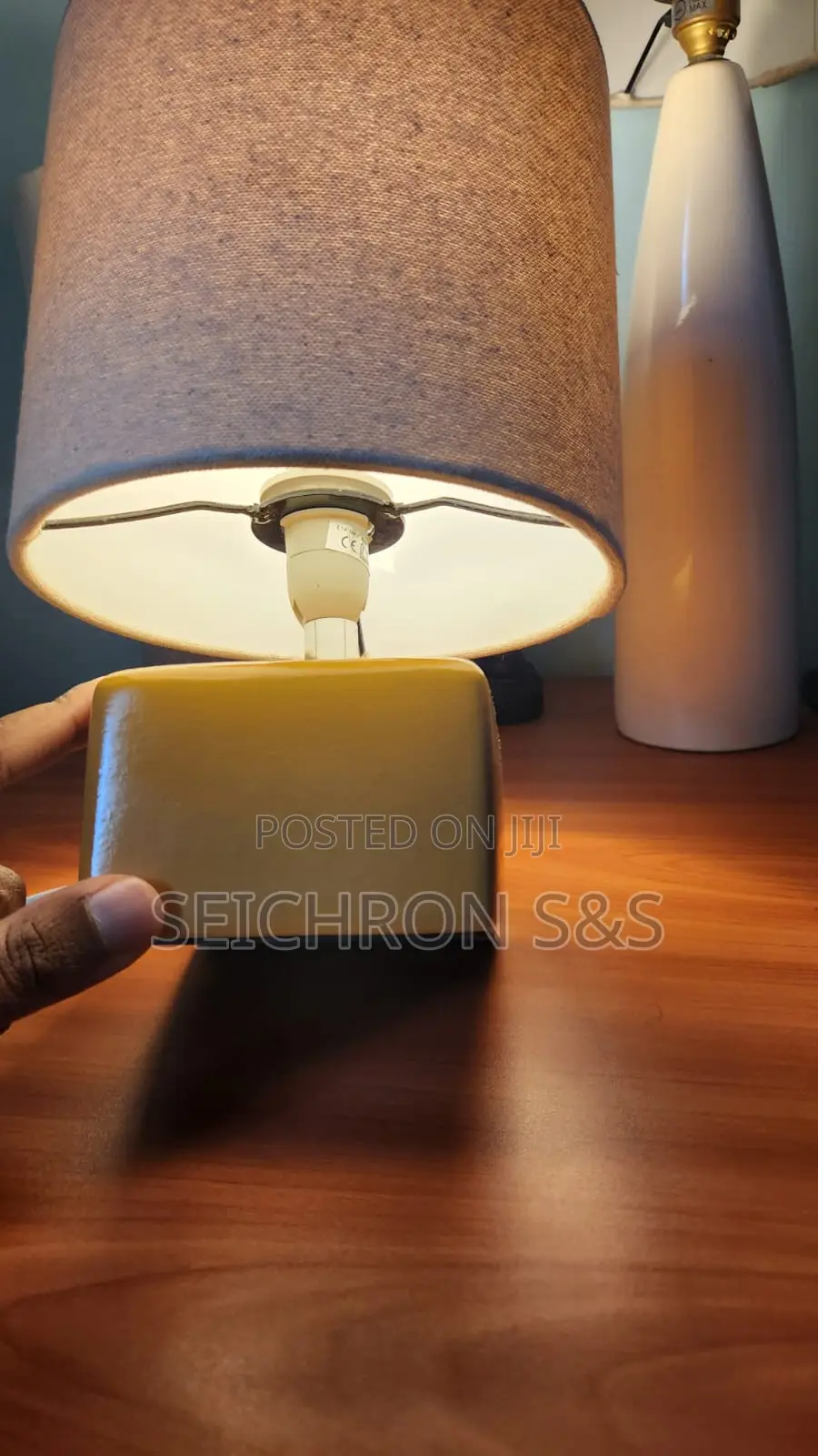 Ceramic Cube Table Lamp — Restored New Canvas Shade