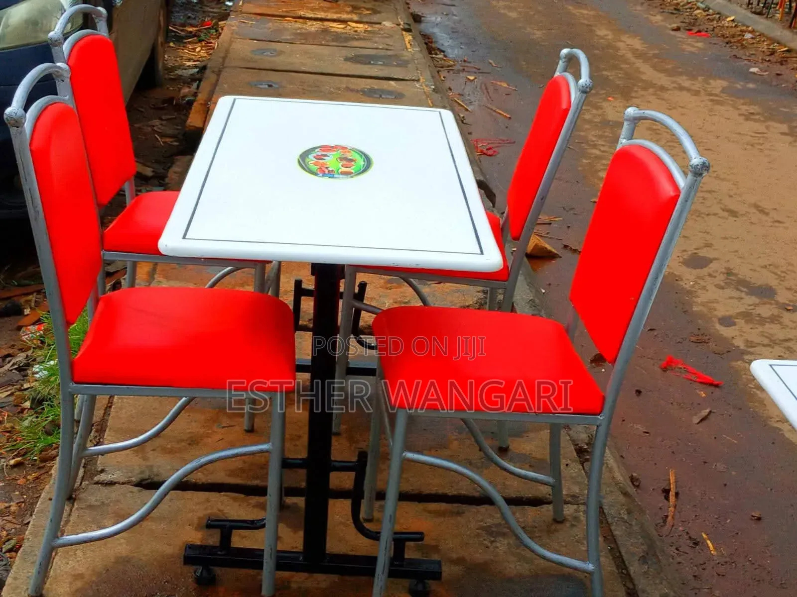 A Set of Red and Silver Hotel Chairs