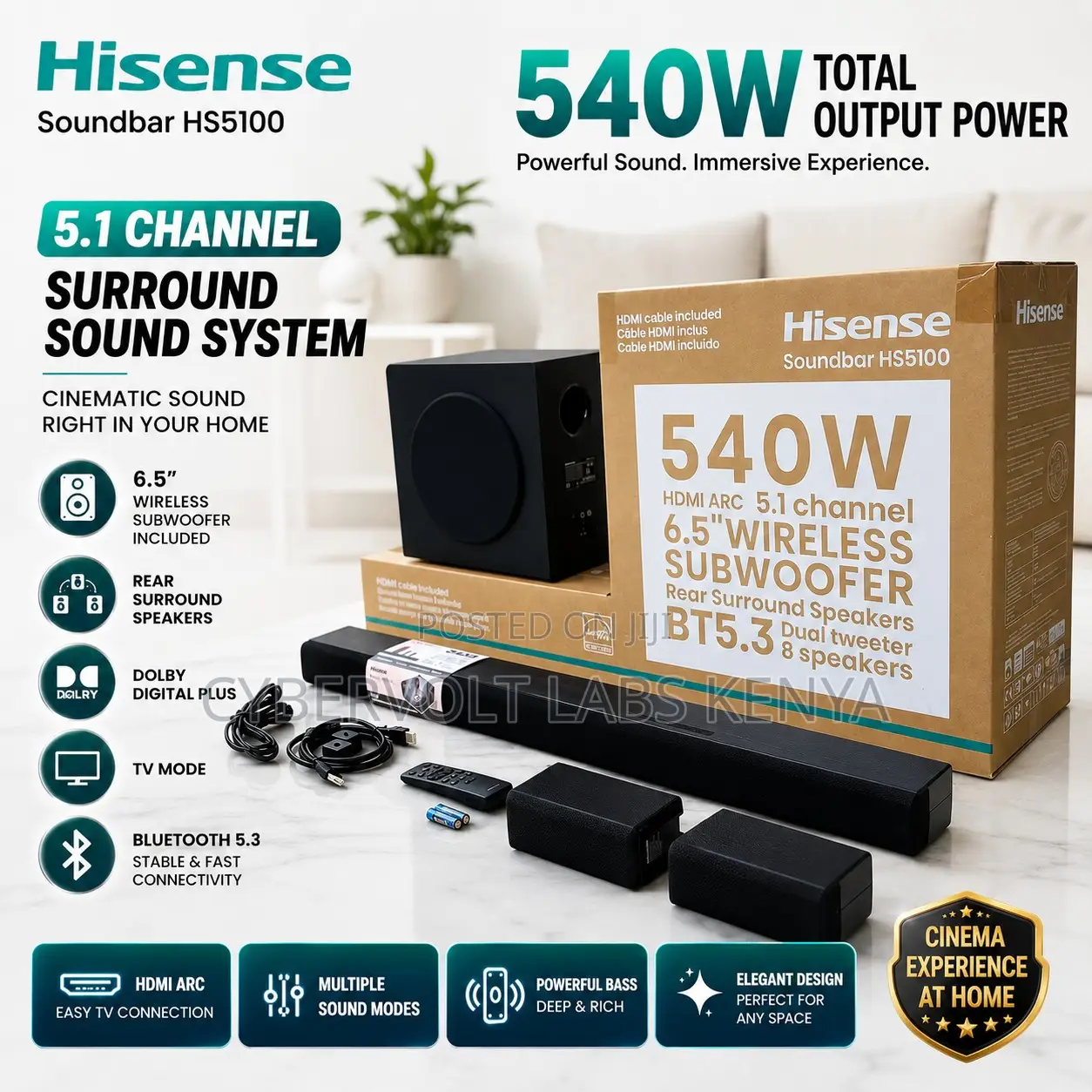 Hisense HS5100 540W 5.1CH Bluetooth Soundbar With Wireless Subwoofer