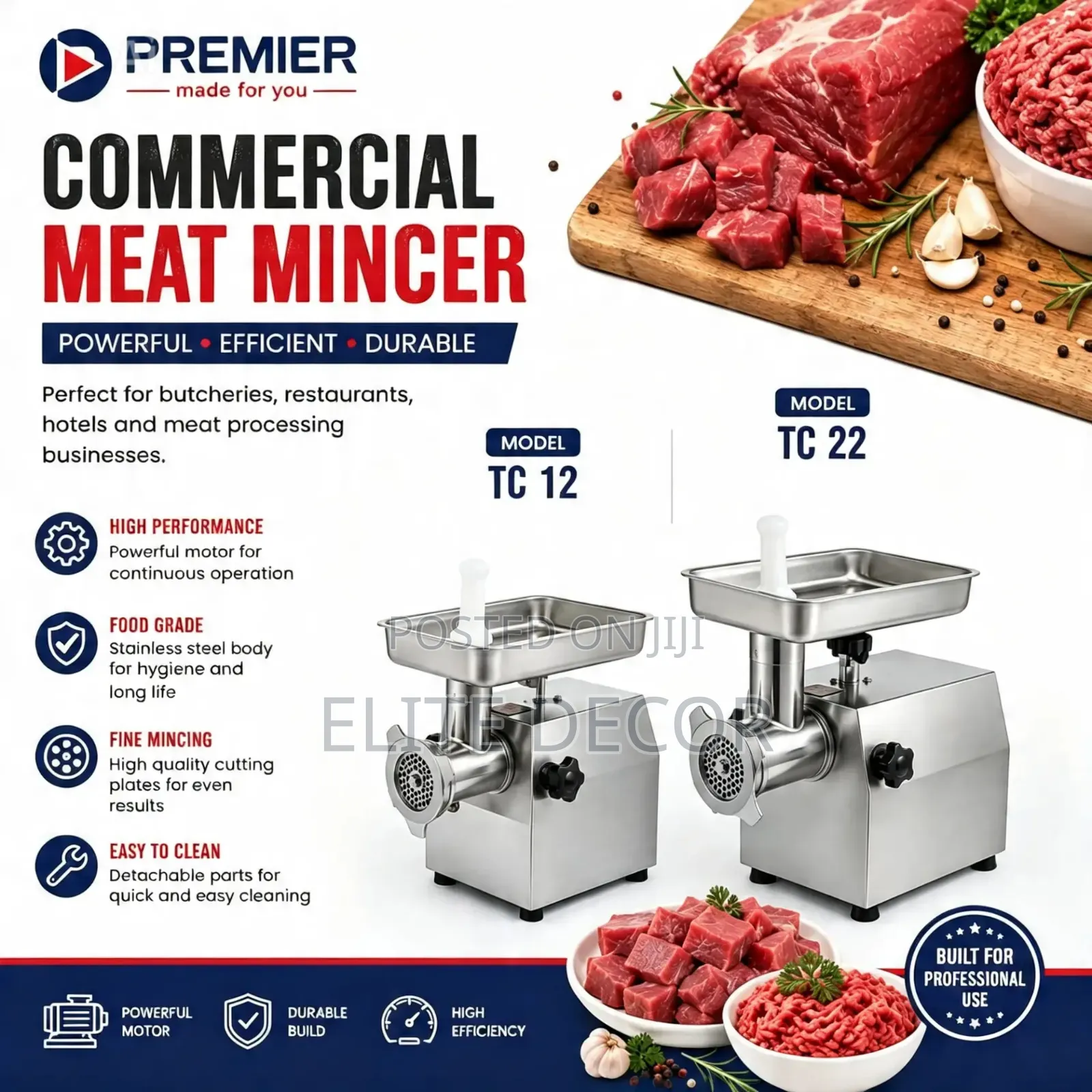 Premier TC22 Commercial Meat Mincer – Stainless Steel Heavy Duty