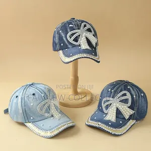 Bow Pearl Diamond Denim Baseball Cap, Spring and Summer New Girls Cap