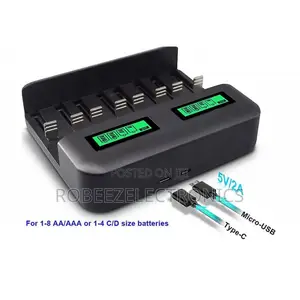 8 Bay Charger for Rechargeable Batteries With 2A Micro-USB and Type C