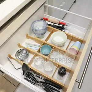 A Set of Expandable Bamboo Drawer Dividers With Inserts
