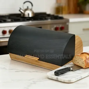 Bamboo Bread Box With Roll-Top Black Lid