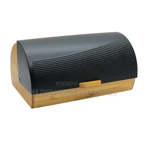 Bamboo Bread Box With Roll-Top Black Lid