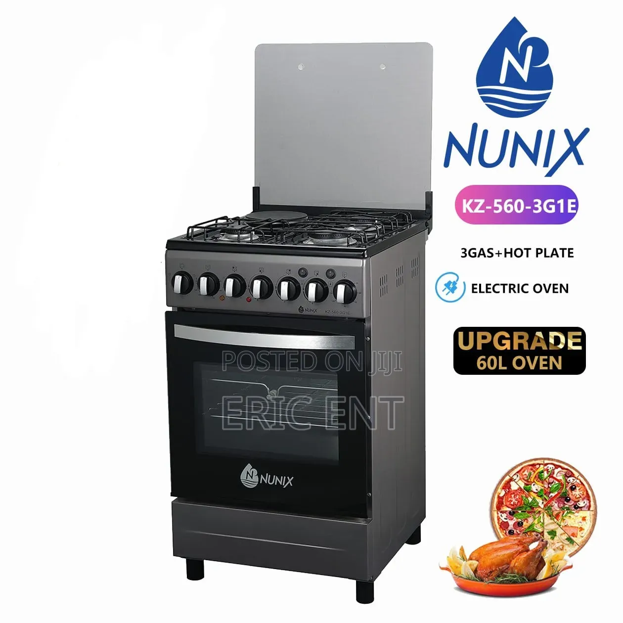 Nunix 50 * 55cm Cooker - 3 Gas Burners, 1 Electric Hotplate + Gas
