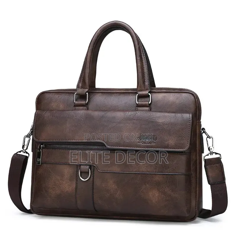 Jeep Buluo Brown Leather Business Briefcase With Shoulder Strap