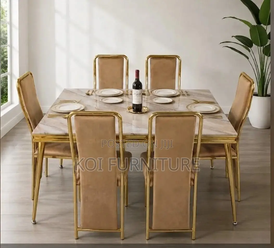 Dining Set; Six Seaters Modern Golden Colored Dining Set