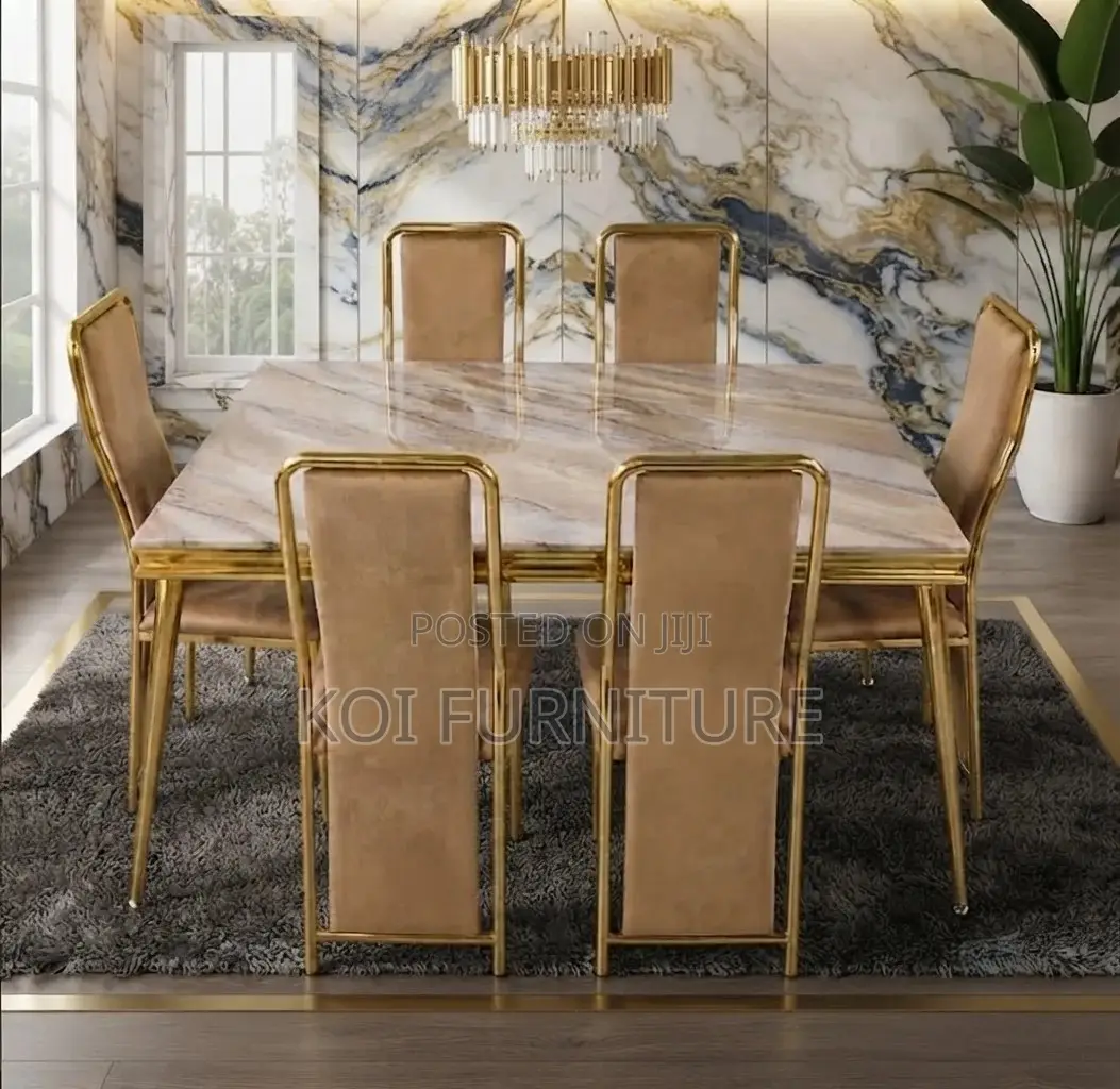 Dining Set; Six Seaters Modern Golden Colored Dining Set