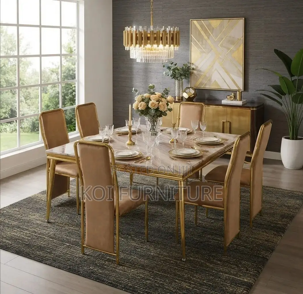 Dining Set; Six Seaters Modern Golden Colored Dining Set