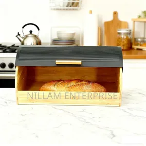 Bamboo Bread Box With Roll-Top Black Lid