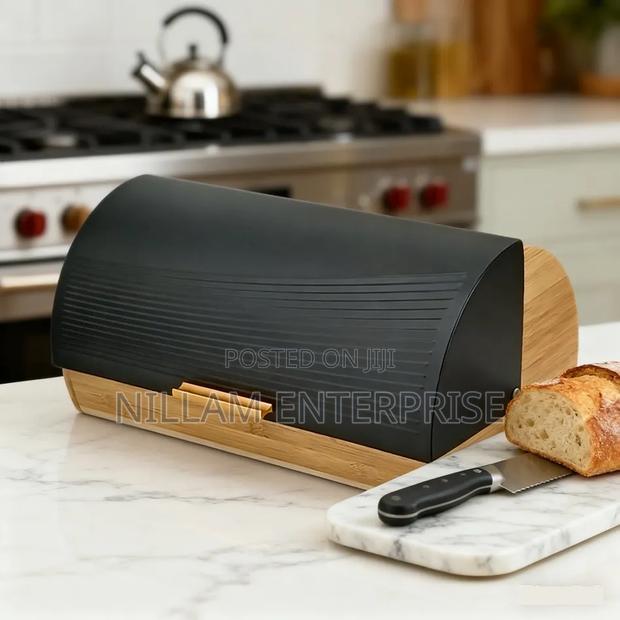Bamboo Bread Box With Roll-Top Black Lid - thumbnail 2