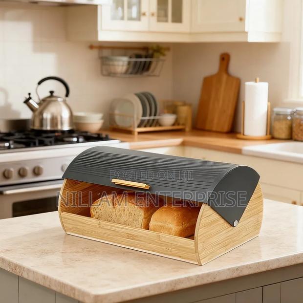 Bamboo Bread Box With Roll-Top Black Lid - thumbnail 3