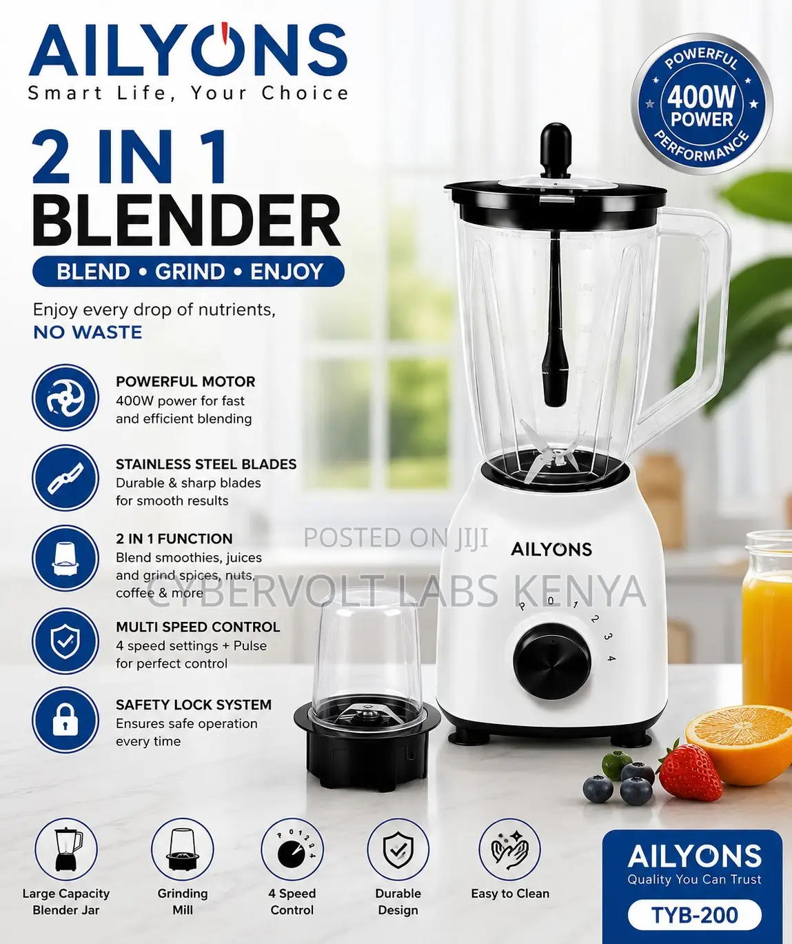 AILYONS 2-in-1 Blender With Grinder,1.5L Jar, 4 Speed Control Pulse