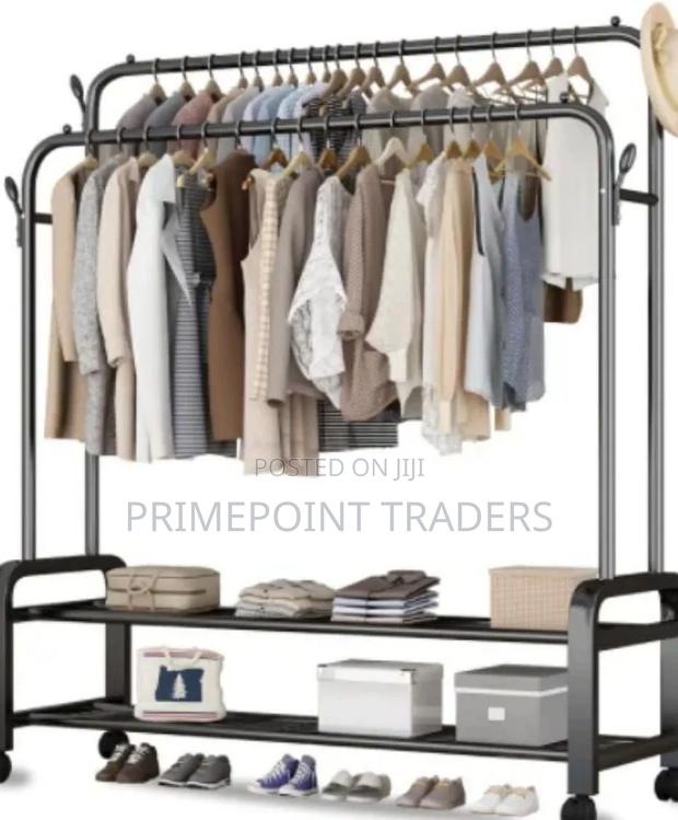 Double Pole Cloth Rack With Wheels Shoe Rack Smart Storage Solution