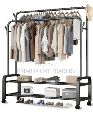 Heavy-Duty Double Pole Garment Rack on Wheels With Shoe Stand