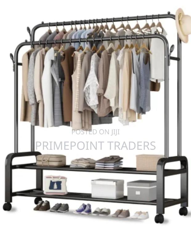 Heavy-Duty Double Pole Garment Rack on Wheels With Shoe Stand