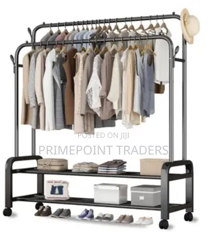 Heavy-Duty Double Pole Garment Rack on Wheels With Shoe Stand