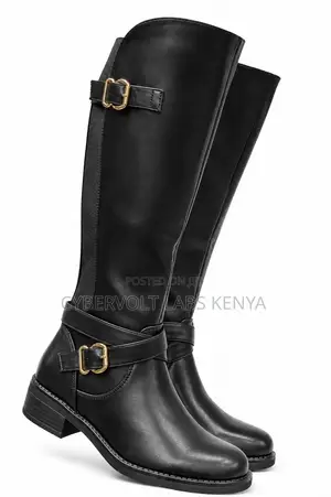 Ladies Knee High Black Leather-Look Boots – Comfortable Low Block Heel