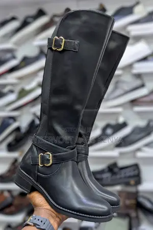 Ladies Knee High Black Leather-Look Boots – Comfortable Low Block Heel