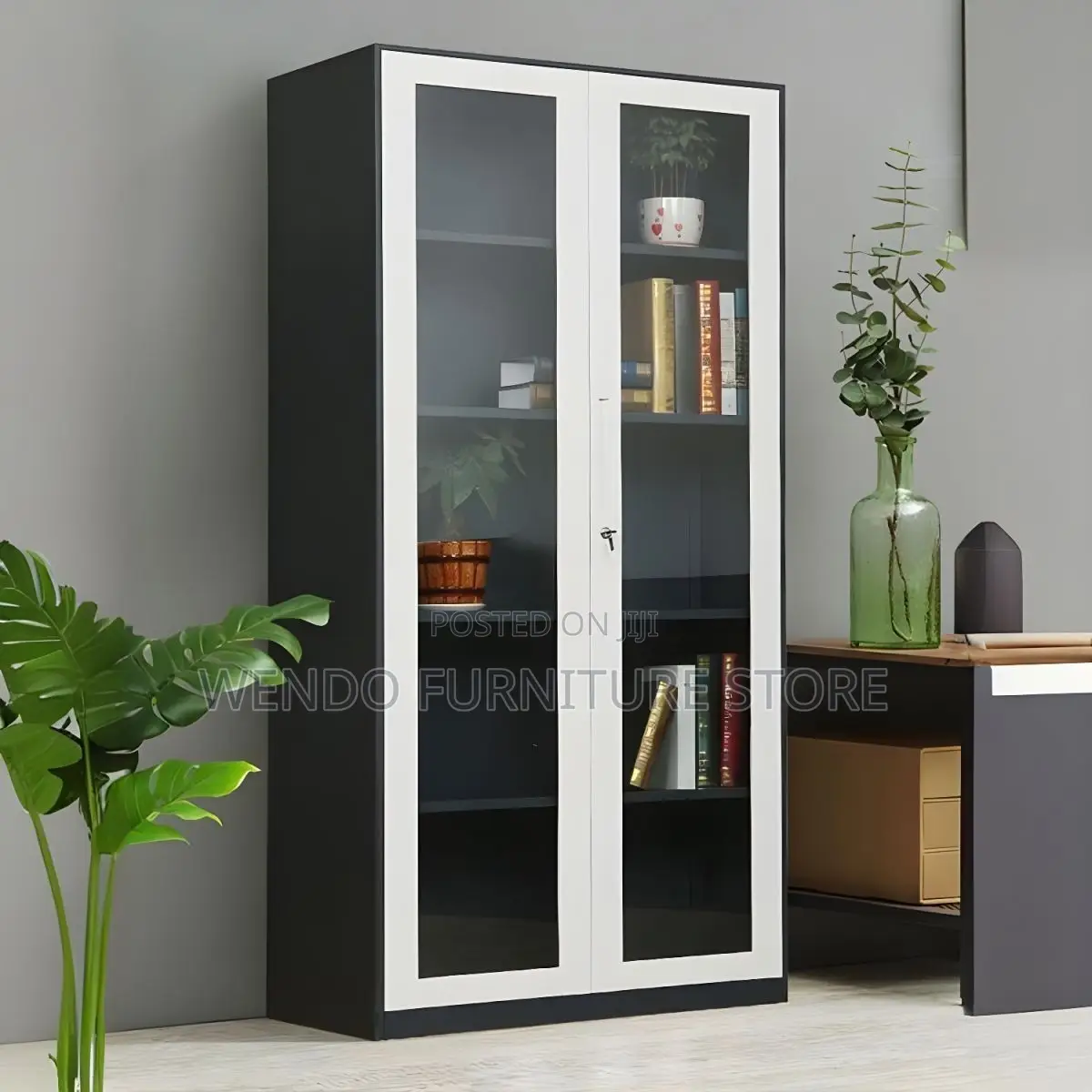 Office Cabinet; Two Doors - Five Shelves Gray Filing Cabinet