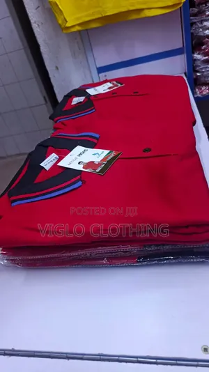 Red Body Black Collar Poloshirts Available in Wholesale and Singles