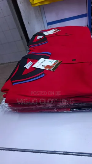 Red Body Black Collar Poloshirts Available in Wholesale and Singles